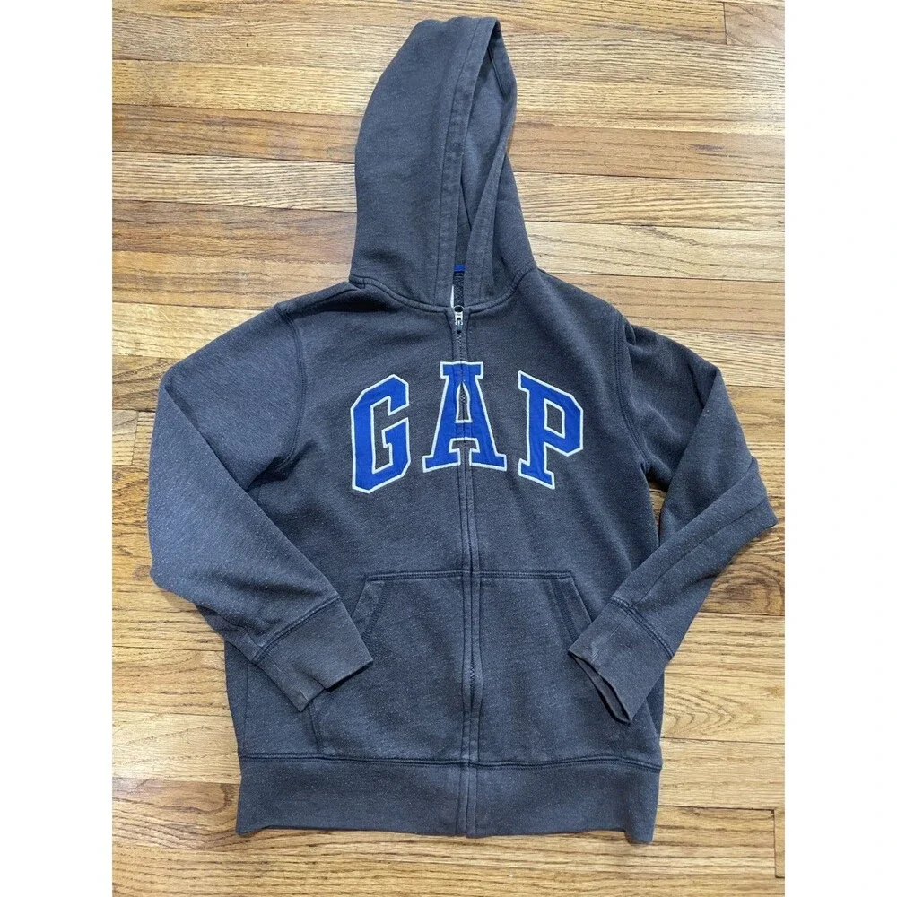 Gap Kids Large L Gray Full Zip Hoodie Logo Fleece Sweatshirt Charcoal Blue